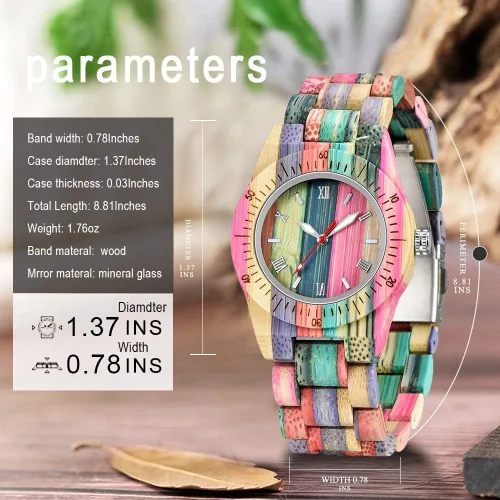 Miniatura 3 de Tiong Reloj de madera para mujer con correa de madera, cuarzo analógico, diseño clásico, colorido reloj de pulsera de bambú para damas, parejas..