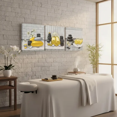 Miniatura 4 de RnnJoile Arte de pared de lienzo para spa con piedra Zen y orquídea, pintura de estilo bodegón amarillo, impresiones para decoración de baño