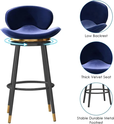 Miniatura 5 de Taburete de bar moderno con Patas de Metal Negro, giratorio de 360 grados, cómodo y tapizado, ideal para el hogar, bar, cocina, isla, comedor o Pub