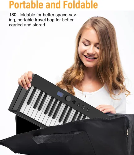 Miniatura 8 de KONIX Teclado de piano plegable, 88 teclas, teclado plegable semipesado, piano eléctrico portátil con llave de luz, pedal de sostenimiento, Negro