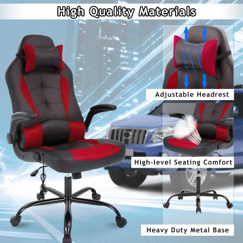 Miniatura 5 de Silla de oficina ergonómica para juegos de masaje, silla de escritorio con respaldo alto, silla ejecutiva de piel sintética con soporte lumbar, Rojo