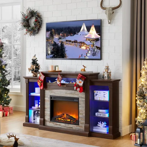 Miniatura 6 de SAVOR LIFE Soporte de TV con Chimenea para TV de 80'', Chimenea Eléctrica de 70" con Repisa, Centro de Entretenimiento Estilo Granja de 39" de Alto