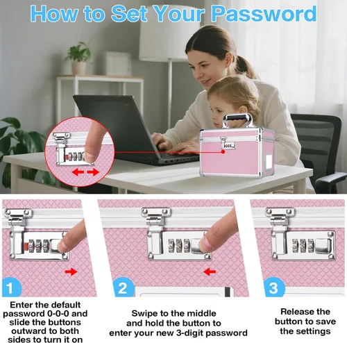 Miniatura 8 de LOCKCURX Caja de almacenamiento con cerradura de 11 x 7 x 8.3 pulgadas con cerradura de combinación, caja fuerte portátil para documentos
