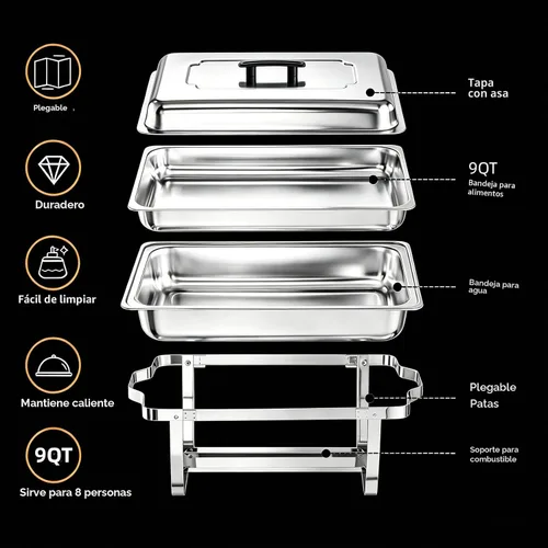 Miniatura 2 de Juego de Bandejas Calentadoras (Chafing Dish) para Buffet de 4 Piezas, Bandeja de Comida Rectangular Plegable de Acero Inoxidable de 8 Cuartos