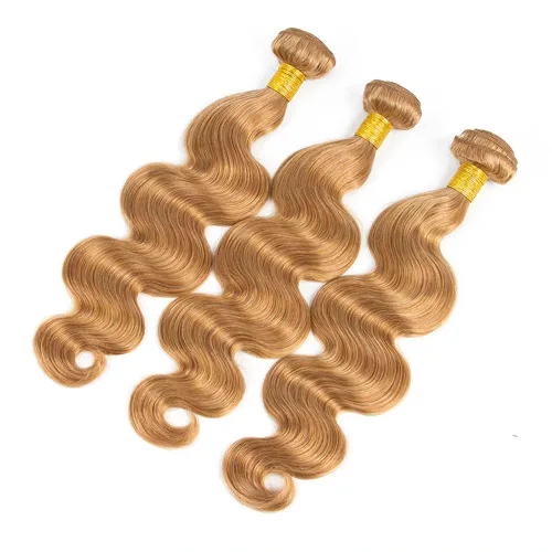 Miniatura 4 de #27 - Paquetes de cabello humano rubio miel ondulado, paquete de 3 paquetes de cabello humano virgen brasileño 08, 10, 12 pulgadas, color 27