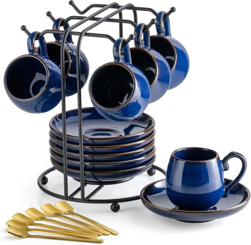 Miniatura 16 de LYEOBOH Juego de tazas de café expreso y platillos, taza de café de cerámica de 3 onzas, pequeñas tazas demitasses, tazas de café expreso con Negro