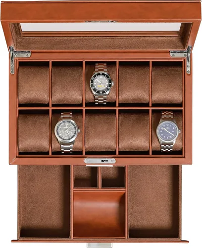 ROTHWELL Caja de reloj de cuero de 10 ranuras con cajón de valet, organizador de exhibición de lujo con forro de microgamuza ultrasuave, soporte