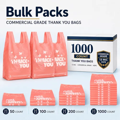 Miniatura 7 de YoYoRain Bolsas de agradecimiento rosadas, 1000 bolsas para camisetas, bolsas para llevar, bolsas de comestibles, reutilizables y desechables, Rosado
