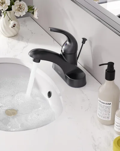Miniatura 3 de WOWOW Grifo de Baño Negro de Una Manija Centerset de 4 Pulgadas Grifos de Baño con Conjunto de Desagüe con Varilla de Elevación Grifo de Lavabo