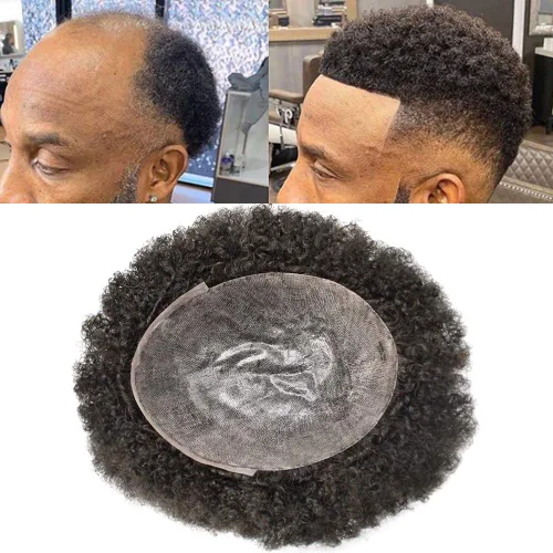 Afro Toupee para hombres negros, sistema de reemplazo de cabello con base de piel de polietileno completo duradero para afroamericanos inyectados PU