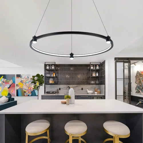Miniatura 7 de Lámpara colgante LED moderna regulable de 23.6 pulgadas, color negro, 1 anillo circular, para sala de estar, comedor, cocina, oficina, vestíbulo