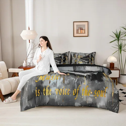 Miniatura 6 de Piano Music 7pcs Comforter King,Musical Notes Bedding Set Kids Girls Boys Teens Room Decor,Retro Graffiti Grey Gold Music Lover Bed in a Multi 11