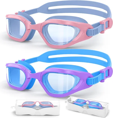 Miniatura 7 de Gafas de natación para niños en doble tono, almohadillas ajustables para la nariz y silicona suave a prueba de fugas (6-14), visión clara, antivaho