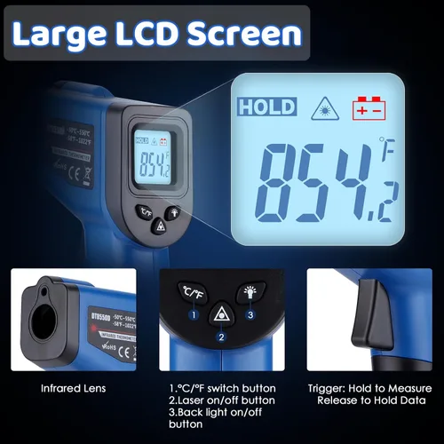 Miniatura 3 de Pistola de termómetro infrarrojo para cocinar, -58℉~1022℉, pistola de temperatura láser digital para freír en profundidad, pizza, Blackstone, Azul