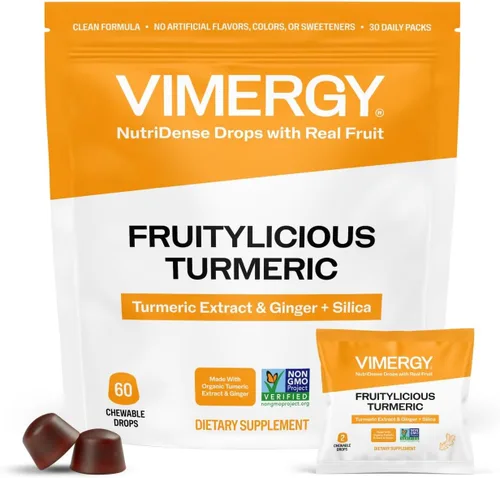 Vimergy NutriDense Fruitylicious - Cúrcuma masticable + jengibre (300 mg de extracto de cúrcuma, 22 mg de sílice, 10 mg de jengibre por porción),