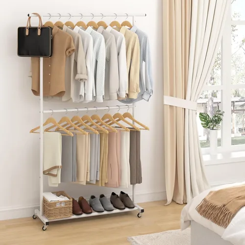 Miniatura 4 de Sywhitta Perchero de ropa de doble barra, colgador de abrigos rodante con malla inferior, perchero para colgar ropa, abrigos, faldas, suéteres