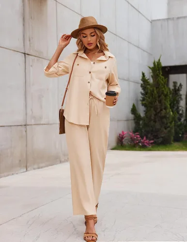 Miniatura 2 de Zeagoo Conjunto de 2 piezas de lino para mujer, camisa con botones y pantalones largos con cordón, conjuntos de verano