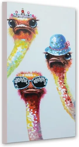 Pintadas a mano, 3 avestruces, bonitas pinturas de animales, divertidas pinturas de avestruz, decoración de pared, lienzo moderno, decoración del