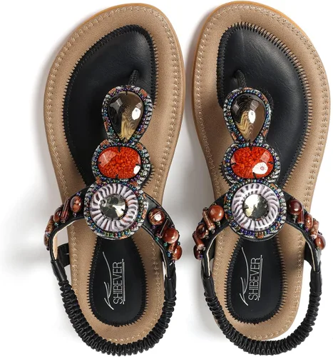 Miniatura 2 de SHIBEVER - Sandalias planas de verano para mujer, cómodas, informales, de playa, estilo bohemio, con cuentas
