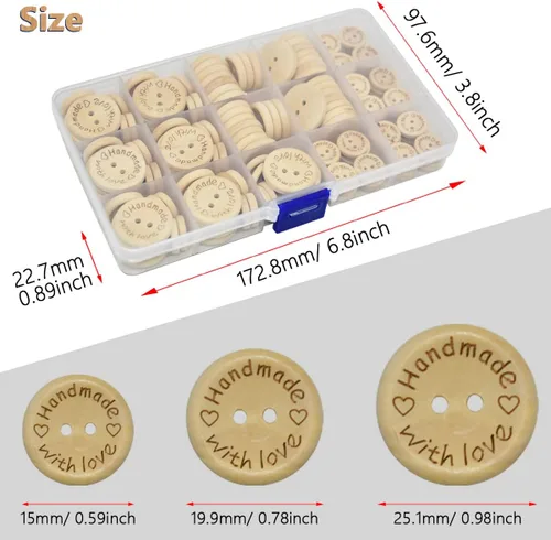 Miniatura 2 de 150 botones de costura para manualidades, 2 agujeros, hechos a mano con amor, botones redondos de madera para álbumes de recortes y costura
