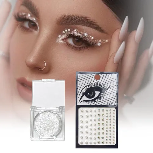 Miniatura 5 de Sombra de ojos con purpurina plateada y 3 piezas de gemas faciales en barra, sombra de ojos y joyas para el cabello, diamantes de imitación