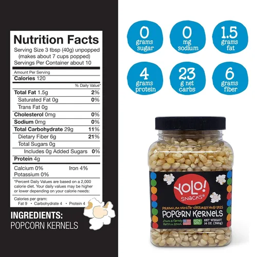 Miniatura 2 de YOLO! Snacks - Granos de palomitas de maíz gourmet blancos prácticamente sin cáscara, granos pequeños, sin OMG, 14 onzas (paquete de 3)