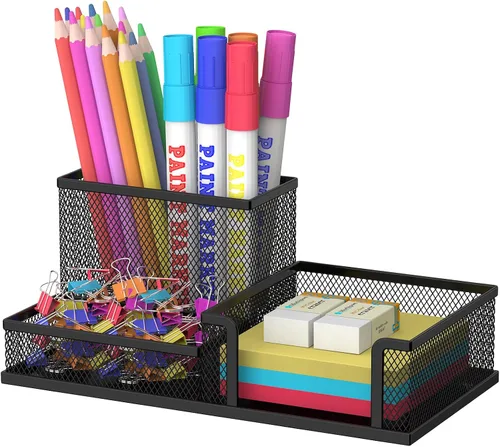 SUPEASY Organizador de Escritorio Porta Lápices, Organizador de Suministros de Oficina con 3 Compartimentos, Accesorios de Escritorio y Negro