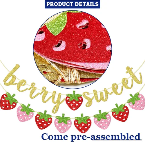 Miniatura 4 de Banner dulce de fresa y bayas, decoraciones de fiesta de fresa Suministros de fiesta temática de bayas de verano con purpurina dorada para baby