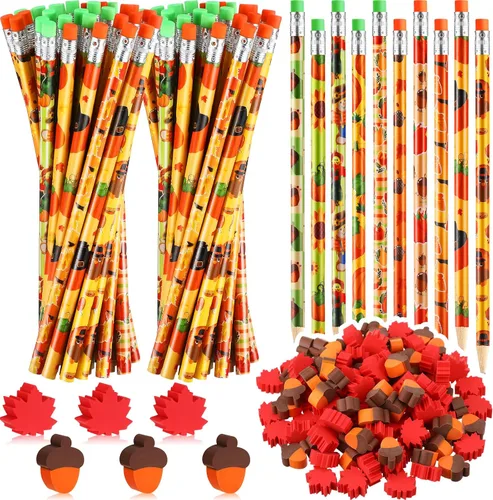 Miniatura 8 de Crtiin Juego de 30 lápices de Acción de Gracias de otoño, bonitos patrones de espantapájaros y pavo con mini borradores de bellota de hoja de arce