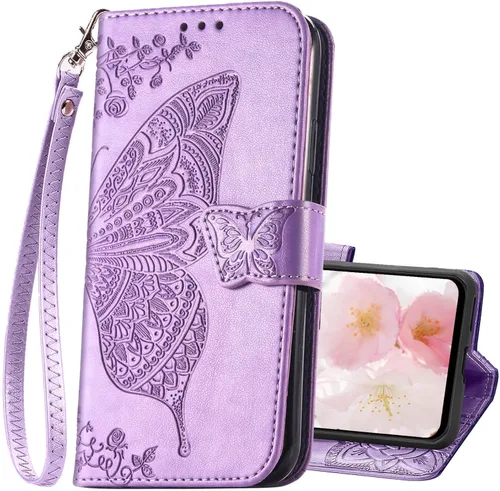 Funda para teléfono Galaxy A14 5G, cartera con tapa para mujer, de piel sintética en relieve de mariposa con tarjeteros de crédito, correa de Lavanda