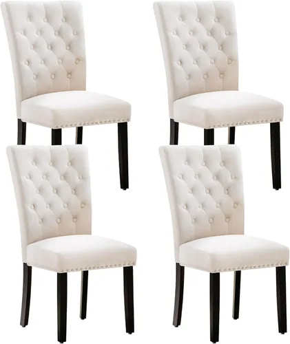 Miniatura 23 de Juego de 4 sillas de comedor de cocina de terciopelo, silla de comedor tapizada Parsons, silla decorativa de madera con ribete clavado, azul
