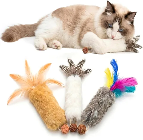 Juguetes para gatos con plumas de piel de conejo real, 3 piezas de hierba gatera de juguete de fruta de gallo y papel arrugado para patear los