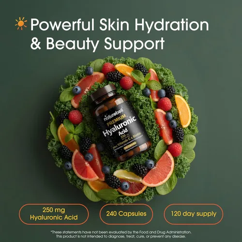 Miniatura 2 de NatureBell Suplementos de ácido hialurónico, 250mg de ácido hialurónico con 25mg de vitamina C por porción, 200 cápsulas, apoya la hidratación