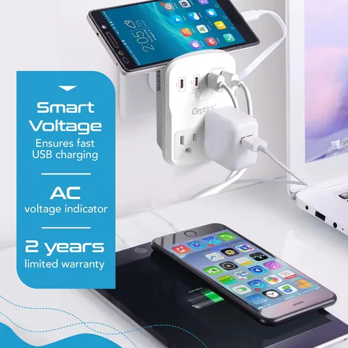 Miniatura 7 de Kit de adaptador de viaje mundial Ceptics 2 USB-A, USB-C, tomas de corriente EE. UU., entrega de potencia 20W/QC 18W, protección contra