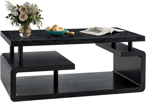 Mesa auxiliar de 43.3 pulgadas, mesa central moderna de 3 niveles con almacenamiento, mesa de centro grande de madera para sala de estar, oficina,