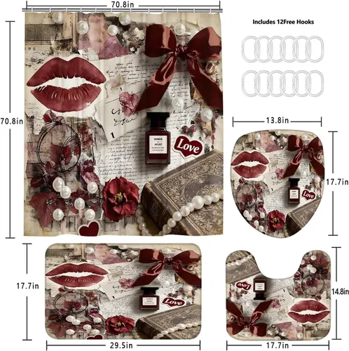 Miniatura 6 de DDQQ Juego de 4 cortinas de ducha sexy para mujer, con lazo de perlas, juego de decoración de baño de flores rojas a la moda, juego de cortinas