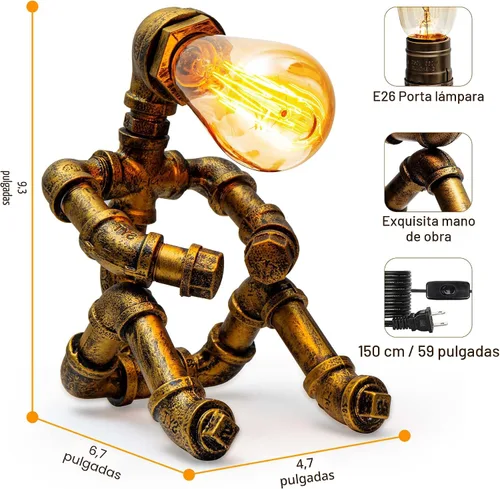 Miniatura 2 de Lámpara de Mesa Steampunk, Lámpara de Mesa de Robot de Metal Industrial Vintage, Lámpara de Mesa de Tubería de Agua, Luz de Escritorio Estilo Robot