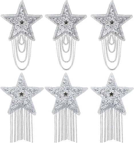 Miniatura 6 de 6 parches para planchar con estrellas de diamantes de imitación para ropa, lazo de estrella con borlas negras brillantes con cadenas, parches