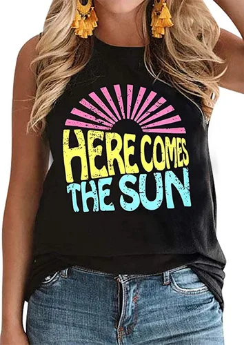 Miniatura 3 de Uniqueone- Camiseta sin mangas con texto en inglés "Here Comes The Sun" y gráfico de sol.