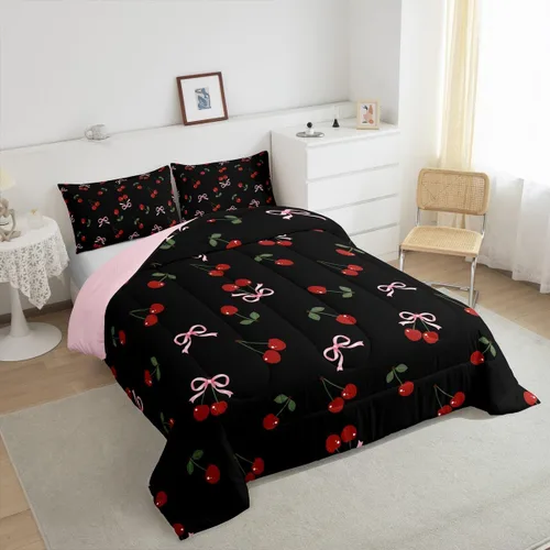 Miniatura 5 de Feelyou Juego de ropa de cama con lazos bonitos y cerezos, tamaño individual, para niños, juego de edredón con lazos de acuarela para niños, niñas