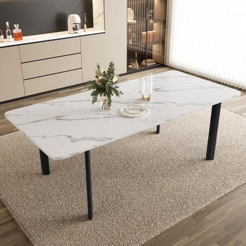 Miniatura 7 de HIPIHOM Mesa de comedor extensible para 6-8 personas, mesa rectangular de 63 a 78.7 pulgadas, MDF blanco con patas de metal resistentes, ahorro