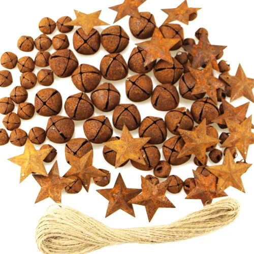 Kit de cascabeles de metal oxidado, incluye 75 campanas oxidadas vintage de tamaño mixto, 20 estrellas de metal rústico y cinta de cuerda de yute