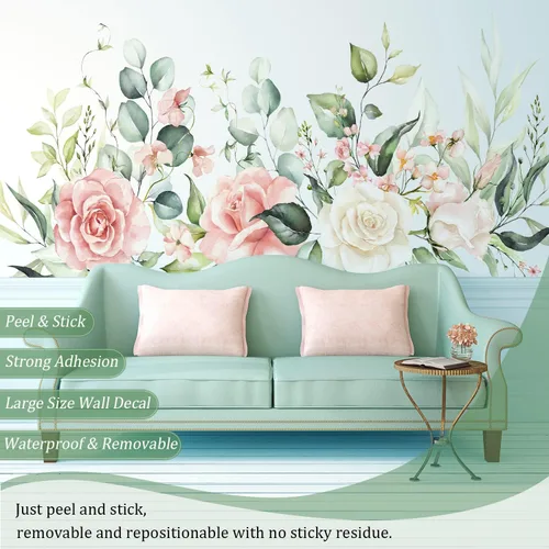 Miniatura 3 de Calcomanías de pared de flores y hojas para despegar y pegar, calcomanías grandes de vinilo floral para colgar, vid extraíble, decoración del hogar
