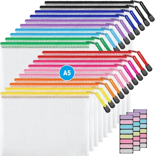 Miniatura 10 de JARLINK Paquete de 20 bolsas de malla con cremallera de 10 colores, tamaño carta/tamaño A4, bolsas de plástico resistentes al agua, para suministros