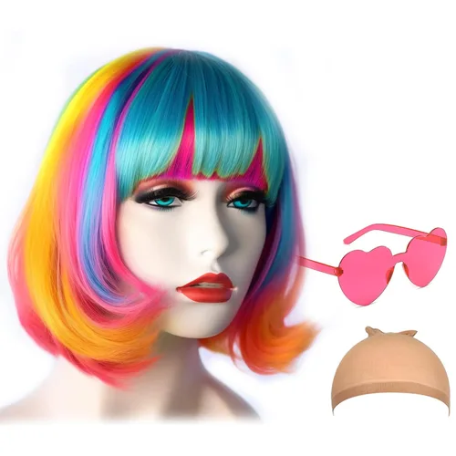 LIULIUBTY - Pelucas de pelo corto Bob lisas con flequillo plano sintéticas y coloridas para cosplay, fiesta diaria y neón para mujeres + gorra de