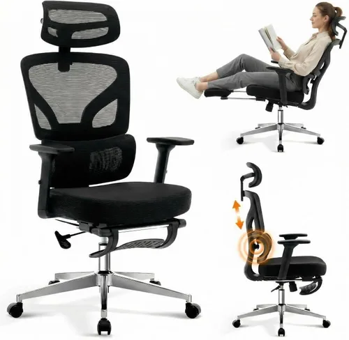 Miniatura 15 de Silla de oficina ergonómica con soporte lumbar ajustable, silla de escritorio de oficina en casa, cómoda silla de juegos de malla con reposabrazos