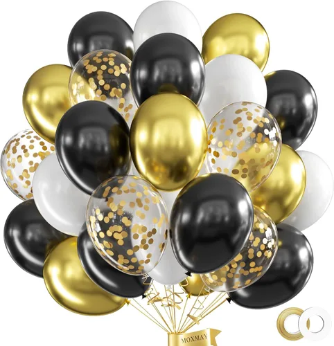 Miniatura 7 de Juego de 62 globos de 12 pulgadas, color negro, blanco, plateado, globos de fiesta con confeti plateado metálico blanco y negro con cintas