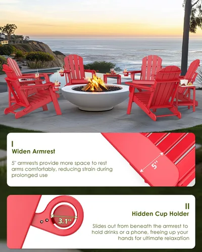 Miniatura 4 de GREENVINES Juego de 2 sillas plegables Adirondack Plástico HDPE Silla para hoguera Todo clima Portavasos Rojo para terraza, patio