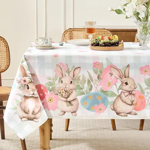 Romanstile Mantel rectangular de primavera de Pascua, 60 x 120 pulgadas, mantel de tela impermeable a cuadros de conejo y huevos de búfalo para