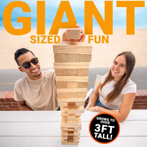 Miniatura 2 de GoSports Juego Gigante de Apilamiento de Madera para Exteriores – Torre de Derribo Grande con Estuche Marrón